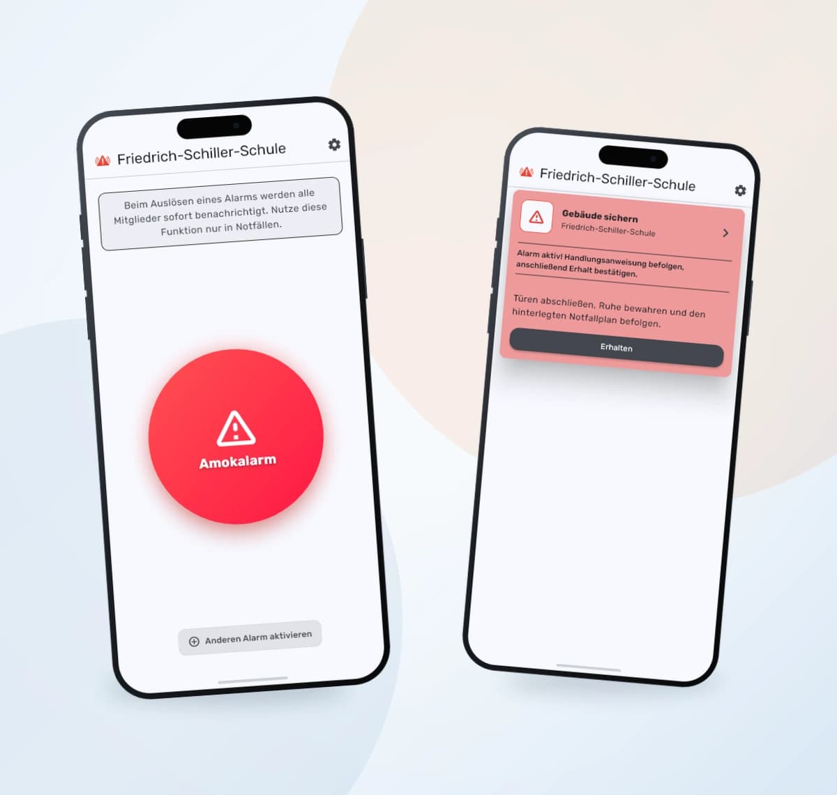 Zwei NOKO-Ansichten: Homescreen mit Amokalarm und Anderen Alarm aktivieren sowie Empfangsbildschirm mit aktiver Alarmmeldung
