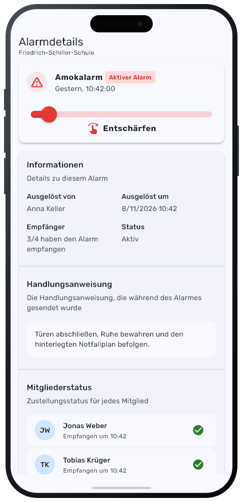 NOKO Alarmdetails mit Entschärfen
